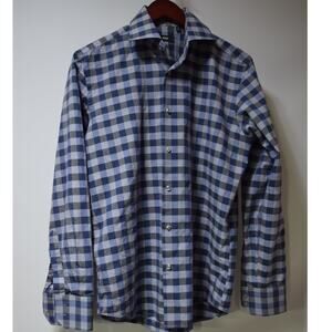 Hugo Boss Blue Gray Check Button Down Shirt Mens 15.5 39 Regular Fit Cotton